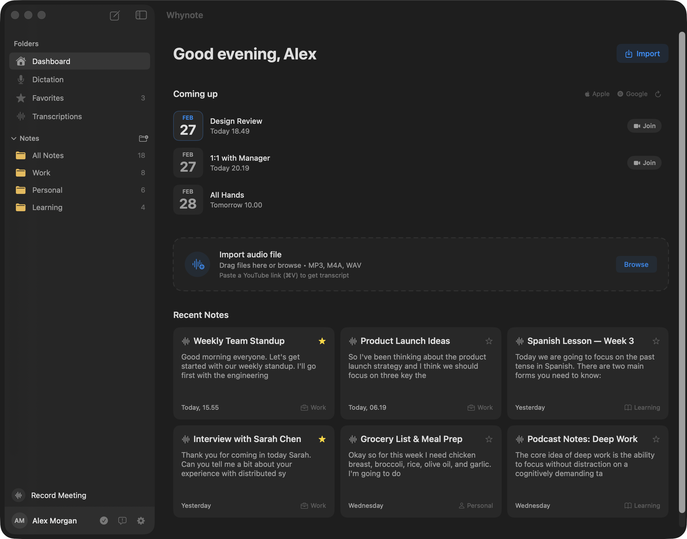 Whynote macOS app dashboard with sidebar navigation, note list, and an AI-generated meeting summary