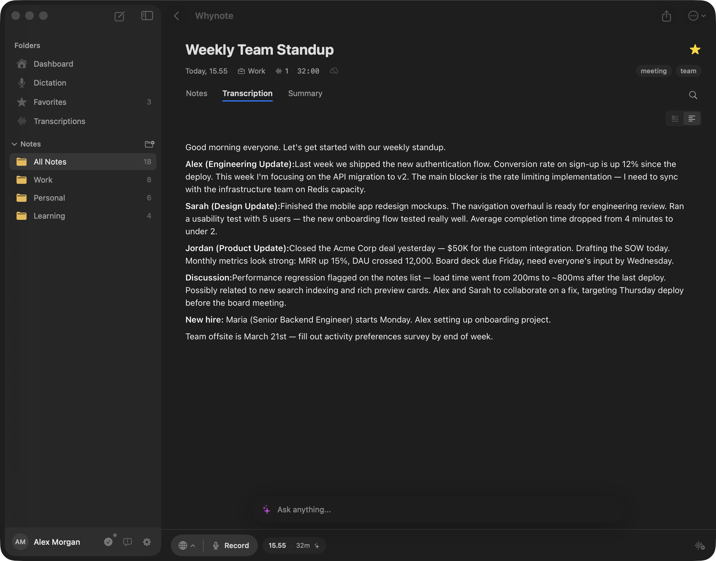 A Whynote Mac note displaying recognized meeting text in the Transcription view
